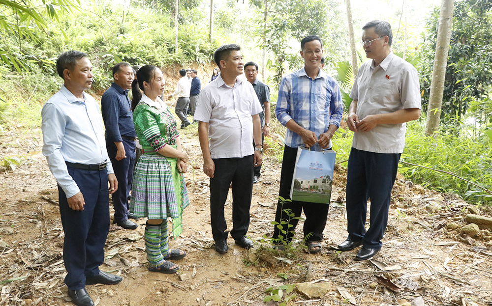 Lãnh đạo huyện Trấn Yên báo cáo với đoàn công tác Hội đồng Dân tộc Quốc hội về công tác giao đất, giao rừng tại xã Hồng Ca.