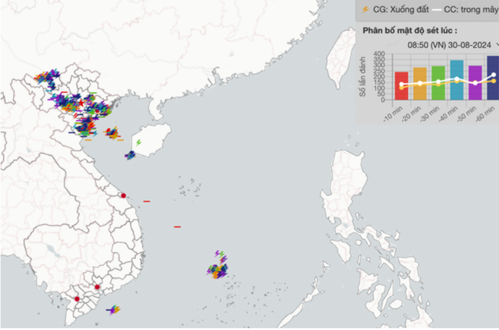 Bản đồ ghi nhận sét đánh trong sáng 30-8 - ảnh: Trung tâm Mạng lưới khí tượng thủy văn quốc gia.