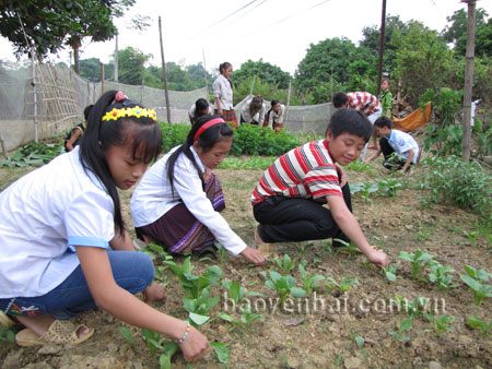 Học sinh bán trú Trường Phổ thông Dân tộc bán trú THCS Lang Thíp trồng, chăm sóc rau sạch cải thiện bữa ăn hàng ngày.