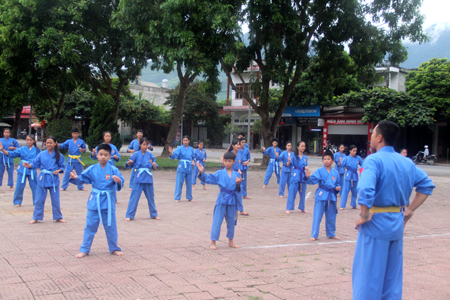 Các thành viên trong CLB Võ Vovinam huyện Văn Chấn luyện tập rèn luyện sức khỏe. 
