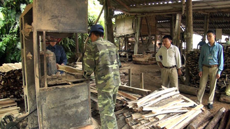 Ông Nguyễn Đức Toàn (thứ 2, phải sang) giới thiệu mô hình chế biến gỗ rừng trồng của gia đình.