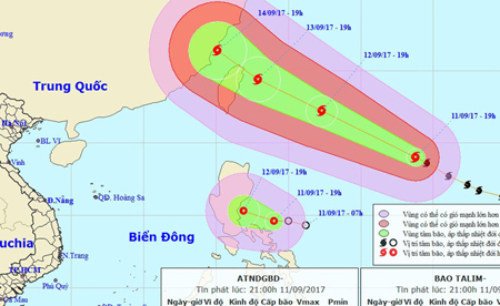 Vị trí, hướng di chuyển của bão Talim (hình trên) và áp thấp nhiệt đới.