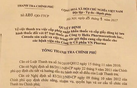 Sáng nay Thanh tra Chính phủ chính thức công bố quyết định thanh tra Bộ Y tế về vụ việc VN Pharma.