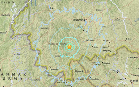 Tâm chấn động đất. (Ảnh: USGS) Đây là trận động đất thứ ba ở Tây Nam Trung Quốc trong vòng cưa đầy 1 tháng qua.
