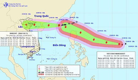 Vị trí và hướng di chuyển tiếp theo của siêu bão Mangkhut và bão Barijat. Ảnh: Trung tâm Dự báo KTTVQG.
