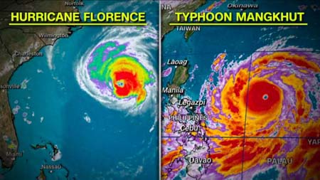 Hình ảnh vệ tinh hôm 12-9, so sánh quy mô của hai cơn bão Mangkhut và Florence.