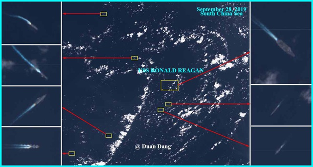 Hình ảnh vệ tinh được cho chụp tàu USS Ronald Reagan nghi bị 7 tàu chiến Trung Quốc vây quanh trên Biển Đông