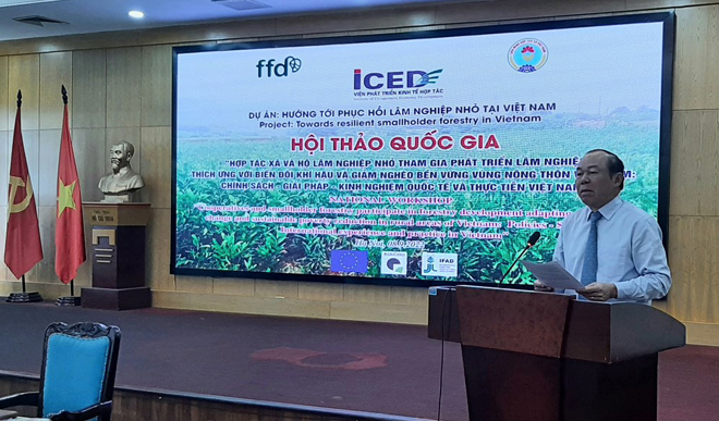 Ông Nguyễn Ngọc Bảo, Chủ tịch Liên minh Hợp tác xã Việt Nam phát biểu tại hội thảo.