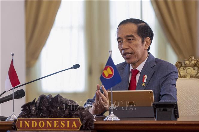 Tổng thống Indonesia Joko Widodo tại một hội nghị trực tuyến ở Bogor, bang Tây Java ngày 26/6/2020.