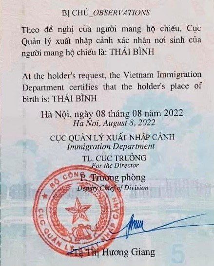 Phần thông tin nơi sinh của công dân được ghi vào phần bị chú của hộ chiếu khi có yêu cầu.