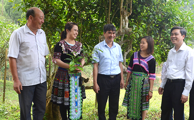 Đồng chí Chu Đình Ngữ (đứng giữa) trao đổi với lãnh đạo huyện Văn Chấn, lãnh đạo và nhân dân xã Suối Giàng về công tác phát triển cán bộ, đảng viên nữ người dân tộc thiểu số tại địa phương.