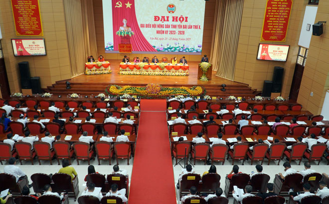 Toàn cảnh phiên thứ nhất Đại hội đại biểu Hội Nông dân tỉnh Yên Bái lần thứ X, nhiệm kỳ 2023-2028.