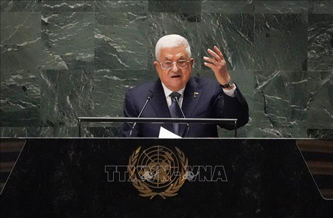 Tổng thống Palestine Mahmoud Abbas phát biểu tại Khóa họp thứ 78 Đại hội đồng LHQ ở New York (Mỹ), ngày 21/9/2023.