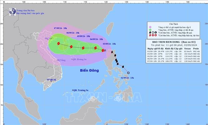 Hướng di chuyển của bão số 3. Ảnh: TTXVN phát