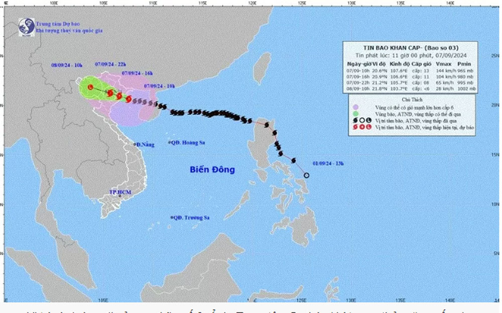 Vị trí và đường đi của cơn bão số 3. Ảnh: Trung tâm Dự báo khí tượng thủy văn quốc gia