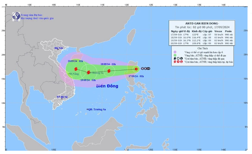 Vị trí và đường đi của áp thấp nhiệt đới. (Nguồn: Trung tâm Dự báo Khí tượng Thủy văn Quốc gia)