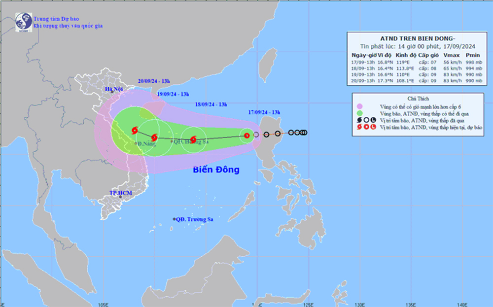 Dự báo vị trí và đường đi của áp thấp nhiệt đới. Ảnh: Trung tâm dự báo khí tượng thủy văn quốc gia.