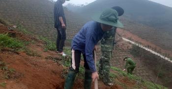 Người dân tham gia hưởng ứng trồng rừng gỗ lớn do Hội Nông dân tỉnh phát động trên diện tích 1,5 ha của gia đình ông Lê Mai Hiền, xã Tân Nguyên, huyện Yên Bình.