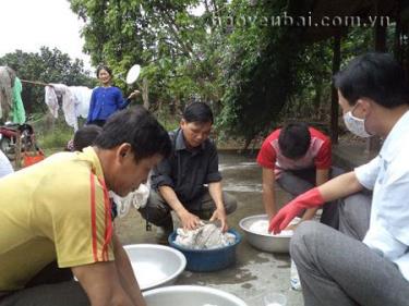 Cán bộ y tế huyện Lục Yên hướng dẫn người dân tẩm màn bằng hóa chất.