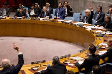 Đại sứ Nga Vitaly Churkin (phải) và Đại sứ Venezuela Rafael Ramirez (trái) bỏ phiếu phủ quyết Nghị quyết của Pháp về vấn đề Syria.
