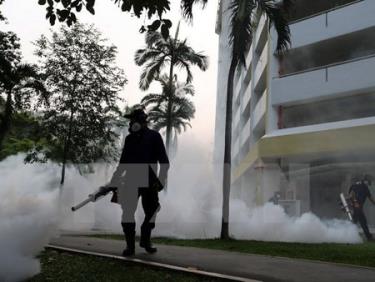 Nhân viên y tế phun thuốc diệt muỗi truyền virus Zika tại khu vực Aljunied, Singapore ngày 28/8.