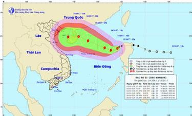 Dự báo vị trí và đường đi của bão số 11.