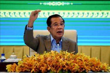 Thủ tướng Campuchia Samdech Techo Hun Sen tại cuộc họp báo ở Phnom Penh.