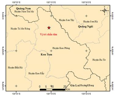 Vị trí xảy ra 6 trận động đất liên tiếp sáng nay ở Kon Tum.