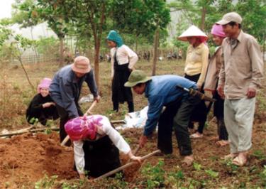 Nhân dân thôn Nậm Đông, xã Nghĩa An (thị xã Nghĩa Lộ) đào hố rác để thực hiện thu gom và xử lý rác thải.
(Ảnh: Nguyễn Đức Phương)
