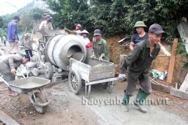 Hội viên CCB xã Cát Thịnh tham gia bê tông hóa đường giao thông nông thôn tại thôn Văn Hòa 1.
