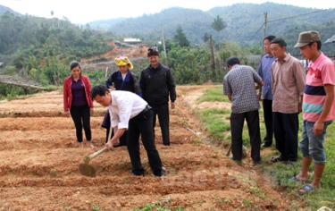 Phó Chủ tịch UBND xã Nậm Khắt - Lý A Sử (áo trắng) đang hướng dẫn đồng bào Mông trong xã kỹ thuật canh tác.