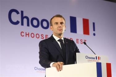 Tổng thống Pháp Emmanuel Macron phát biểu tại một sự kiện ở Pont-a-Mousson, Đông Bắc nước Pháp.