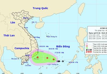 Vị trí và hướng di chuyển của áp thấp nhiệt đới.