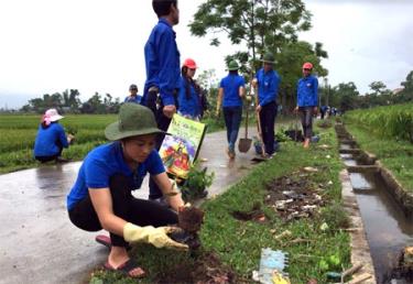 Đoàn viên thanh niên Thị đoàn Nghĩa Lộ ra quân thực hiện công trình “Đường hoa thanh niên”.