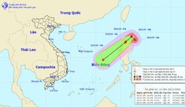 Vị trí và hướng di chuyển của bão Kalmaegi.