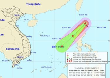 Vị trí và hướng di chuyển của bão Kalmaegi.