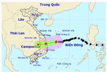 Đường đi của bão Goni theo dự báo của Trung tâm Dự báo Khí tượng Thủy văn Quốc gia trưa 5/11.