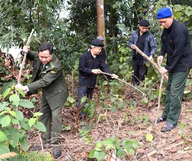 Cán bộ Hạt Kiểm lâm Văn Yên hướng dẫn nhân dân xã Đại Sơn làm đường ranh cản lửa phòng, chống cháy rừng mùa khô hanh.