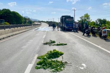 Hiện trường vụ tai nạn khiến tài xế Tùng và lơ xe tử vong khi đang thay lốp trên quốc lộ 1 qua xã Vĩnh Tân, huyện Tuy Phong.