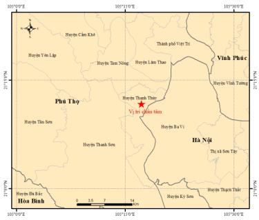 Vị trí động đất ở huyện Thanh Thủy. Ảnh: Viện Vật lý địa cầu
