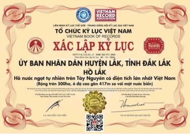 Đã thu hồi chứng nhận Kỷ lục Việt Nam của Hồ Lắk (tỉnh Đắk Lắk) là hồ nước ngọt trên Tây Nguyên lớn nhất Việt Nam.