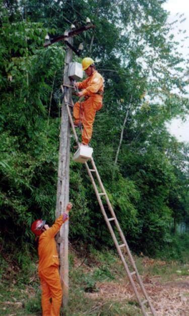 Công nhân Điện lực Yên Bình thực hiện cải tạo lưới điện tại xã Đại Đồng.
