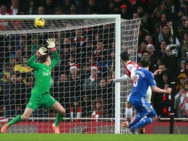 Frank Lampard (áo xanh, Chelsea) tung cú sút đưa bóng đập xà ngang khung thành Szczesny.
 
