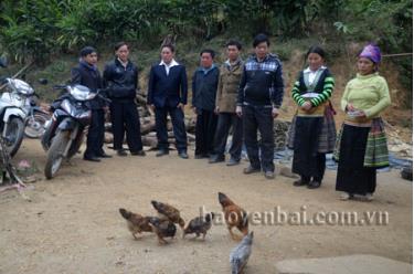 Các già làng, trưởng bản, người có uy tín trong đồng bào dân tộc thiểu số ở Trạm Tấu trao đổi, hướng dẫn đồng bào Mông phát triển kinh tế.
