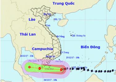 Dự kiến đường đi của bão Tembin theo bản tin phát lúc 11h ngày 25-12 của Trung tâm Dự báo khí tượng thủy văn trung ương.