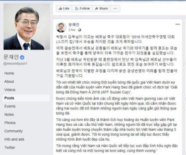 Ông Moon Jae-in gửi lời chúc tuyển Việt Nam và HLV Park Hang Seo trên Facebook.