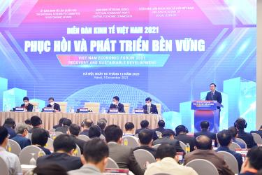 Toàn cảnh “Diễn đàn kinh tế Việt Nam 2021: Phục hồi và phát triển bền vững” (Ảnh: Quochoi.vn).