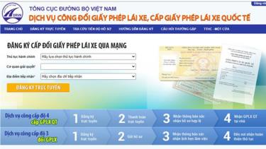 Thủ tục cấp đổi GPLX qua mạng trên trang web của Tổng cục Đường bộ Việt Nam.
