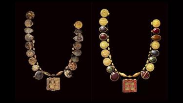 Bản dựng lại của chiếc vòng thời trung cổ (trái) và hình minh họa (phải). Ảnh: Bảo tàng Khảo cổ học Luân Đôn.