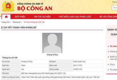 Cổng Thông tin Điện tử Bộ Công an ghi rõ, Hoàng Tứ Duy là thành viên tổ chức khủng bố Việt Tân.
